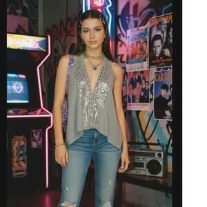 VTG Abercrombie Fitch Y2K small wool sequin waterfall crop vest bling grunge got